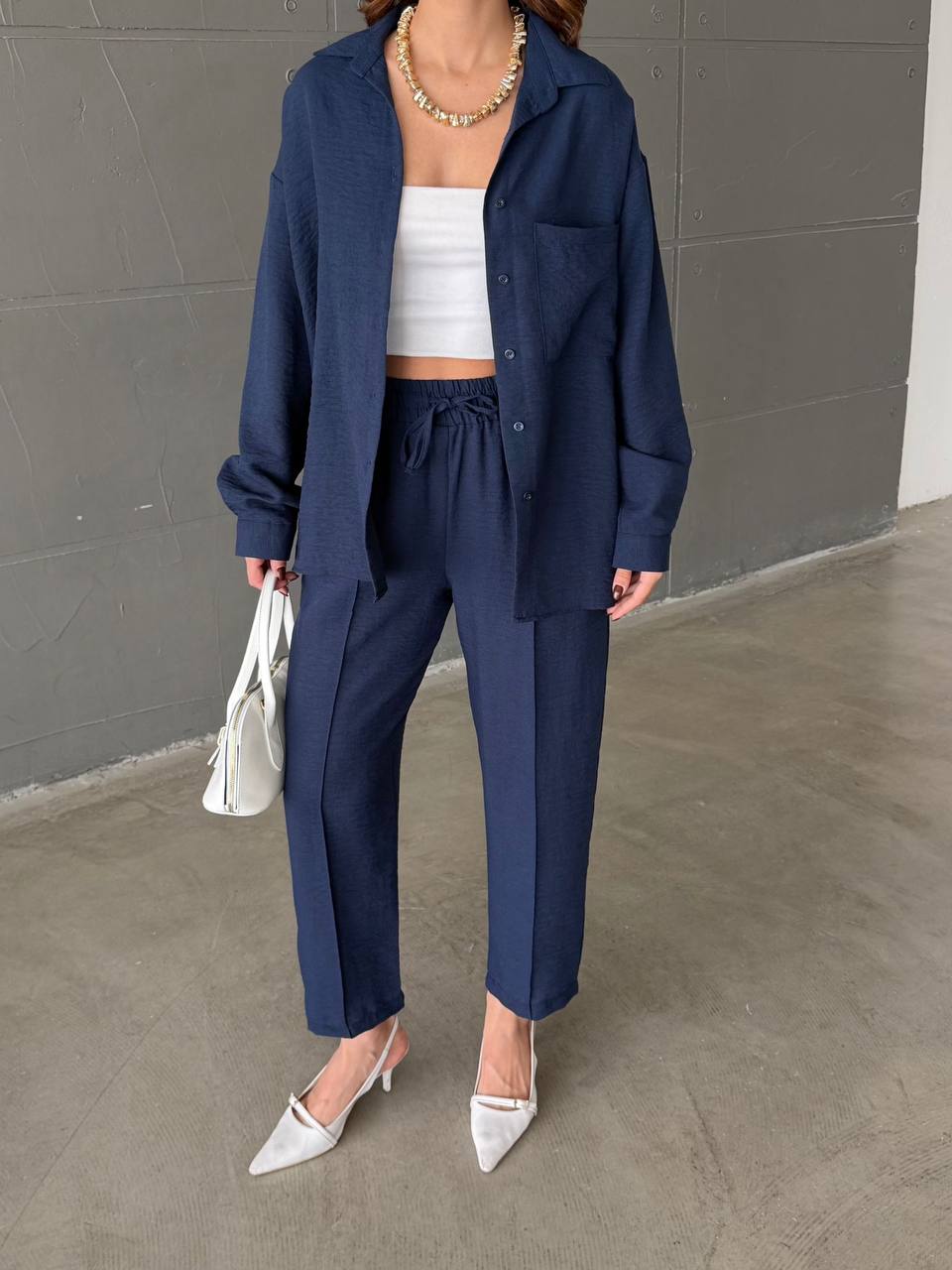 Women’s Two-Piece Set (Oversized Shirt & Elastic Waist Pants)