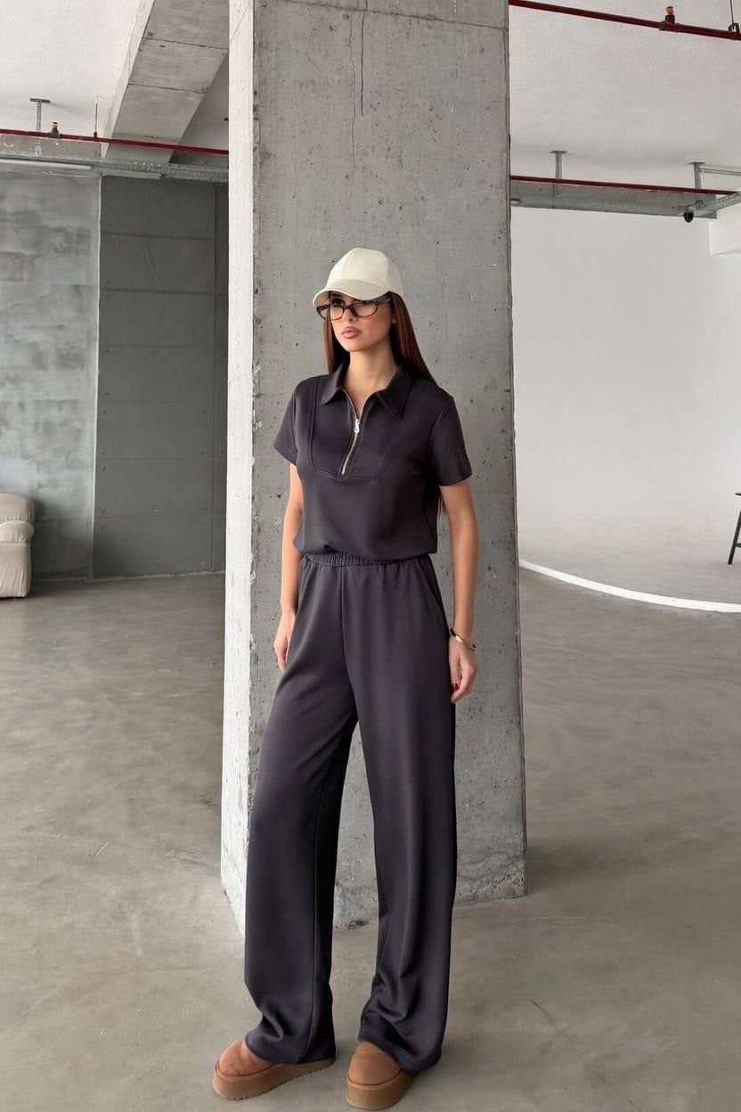 Women’s Zip Polo Top & Wide Leg Pants Set