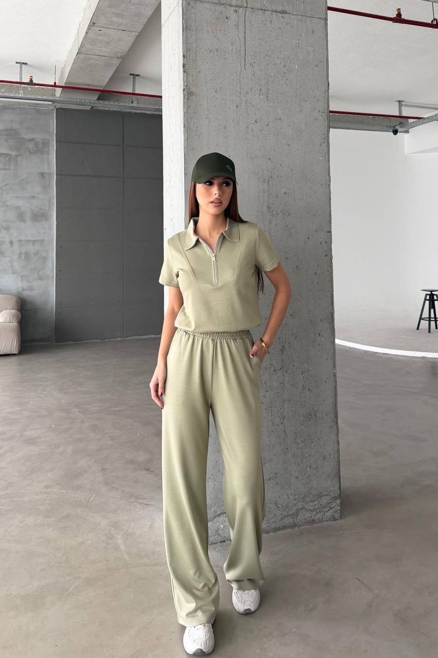 Women’s Zip Polo Top & Wide Leg Pants Set