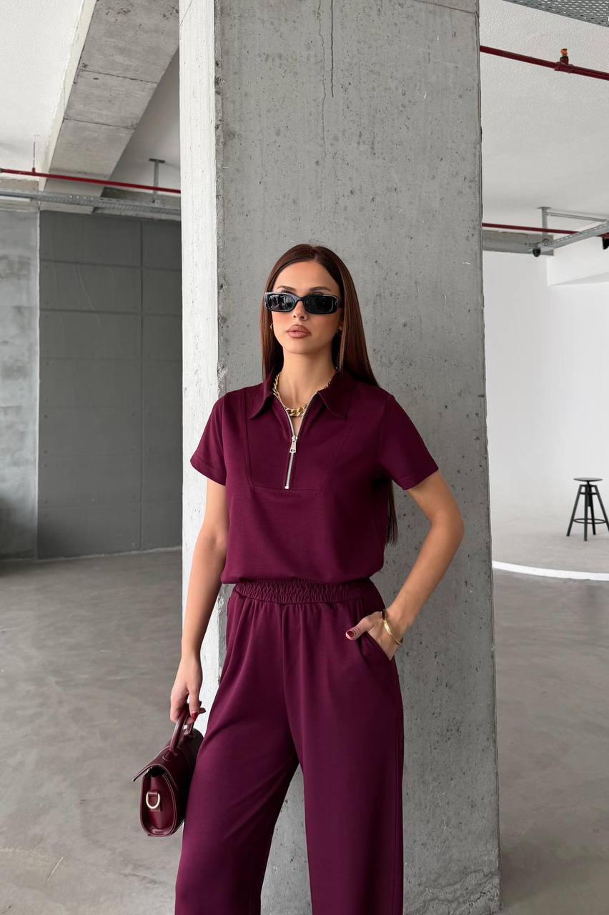 Women’s Zip Polo Top & Wide Leg Pants Set