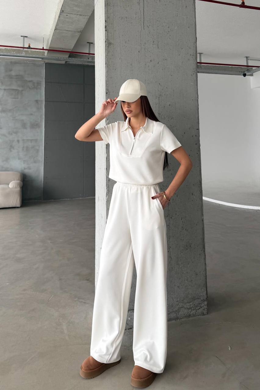 Women’s Zip Polo Top & Wide Leg Pants Set