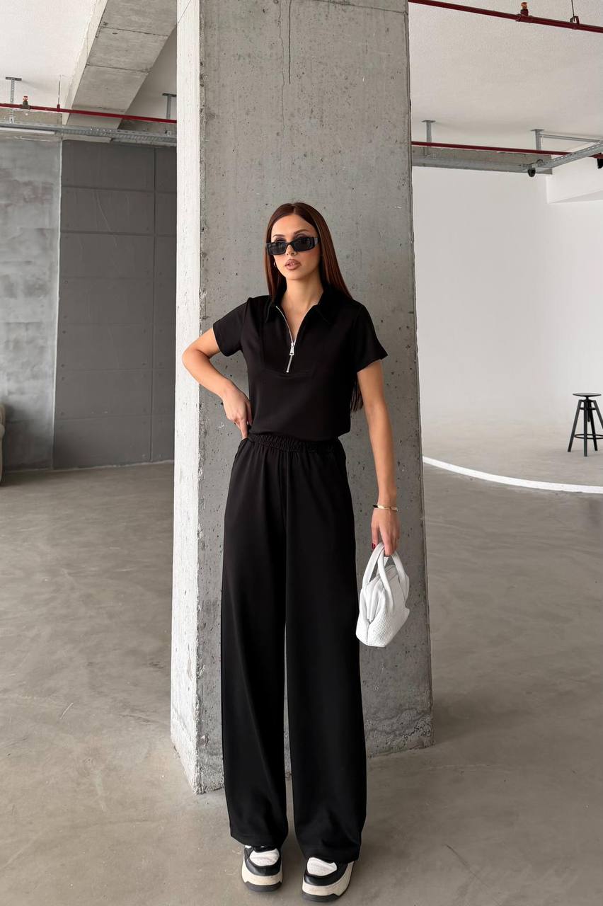 Women’s Zip Polo Top & Wide Leg Pants Set