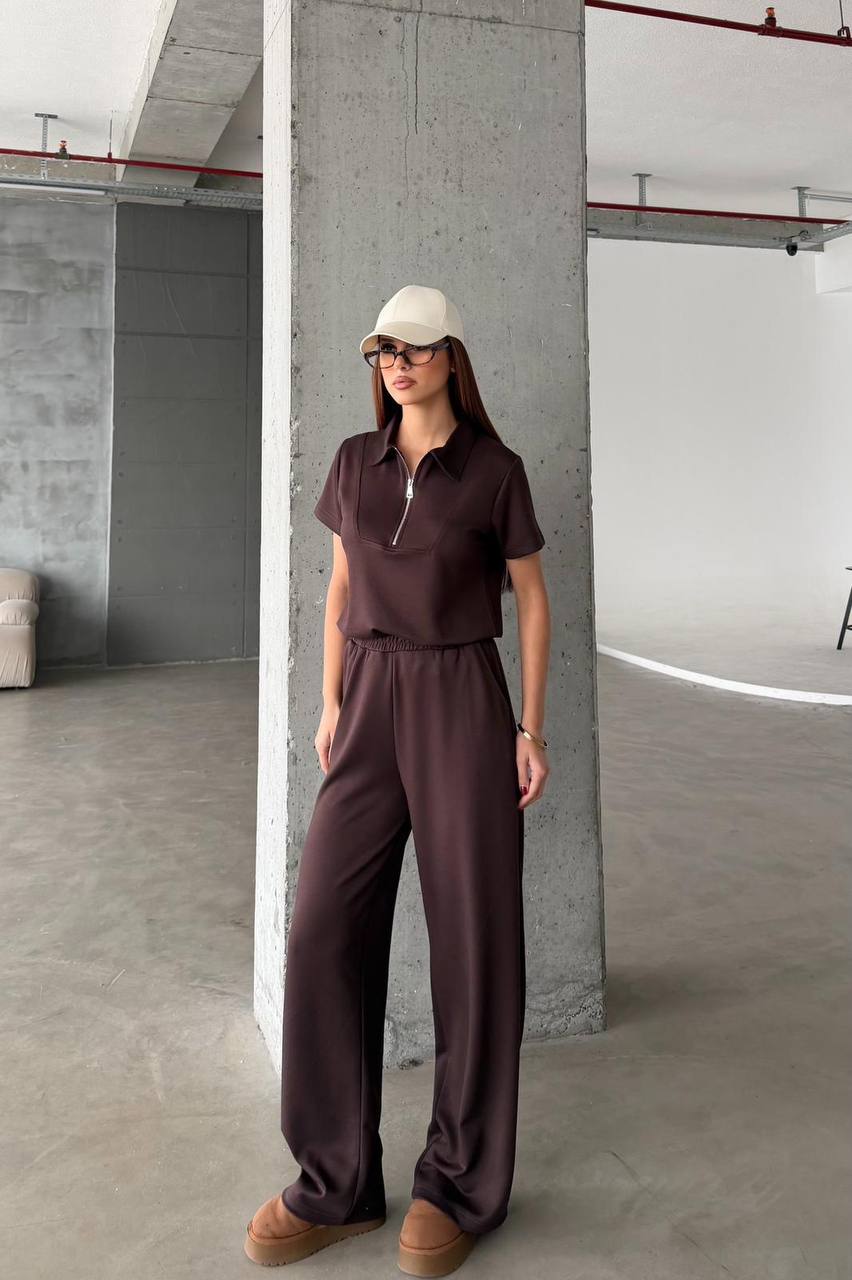 Women’s Zip Polo Top & Wide Leg Pants Set