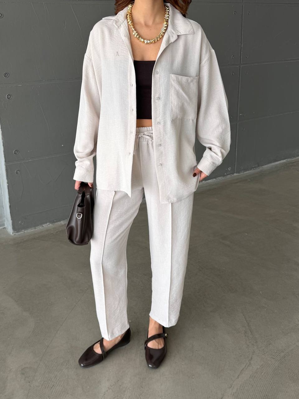 Women’s Two-Piece Set (Oversized Shirt & Elastic Waist Pants)