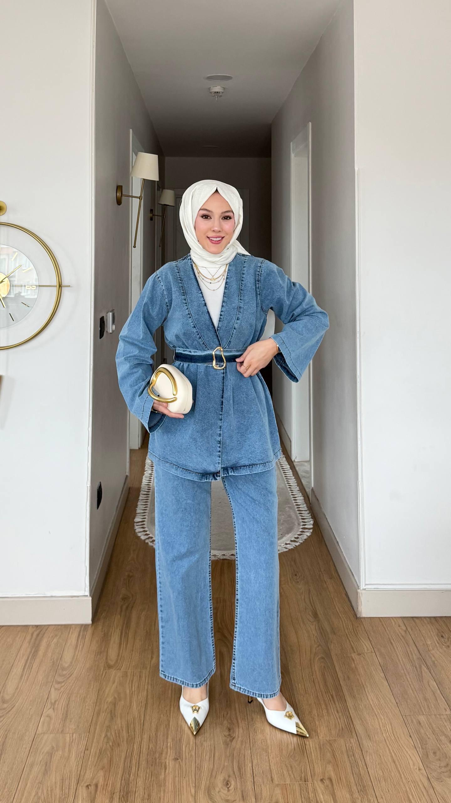 Modern Belted Denim Two-Piece Set